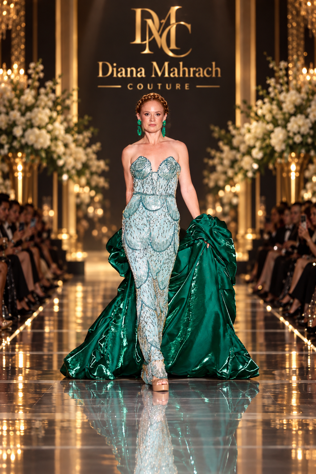 Seafoam Crystal Gown & Emerald Satin Cape