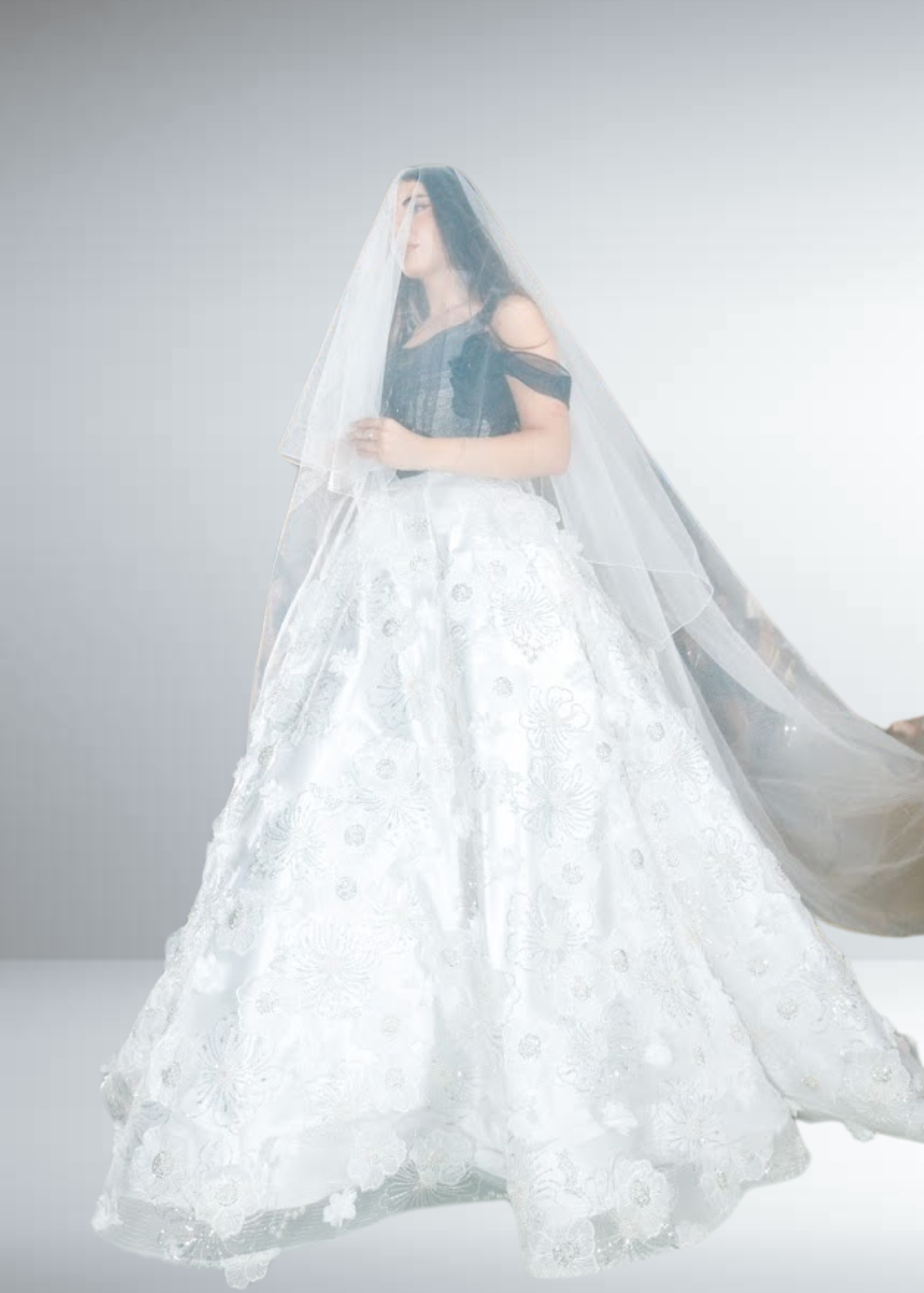 the Blossom flower wedding dress black and white.