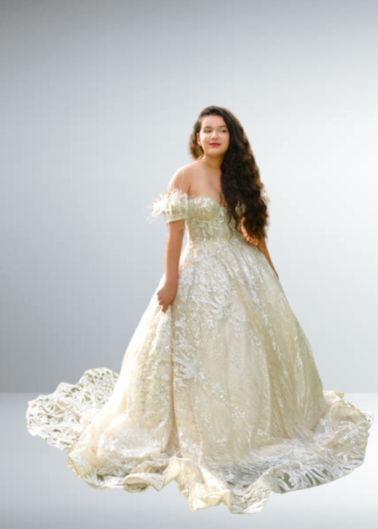 Wedding Gown with Off Shoulder Ostrich Feathers