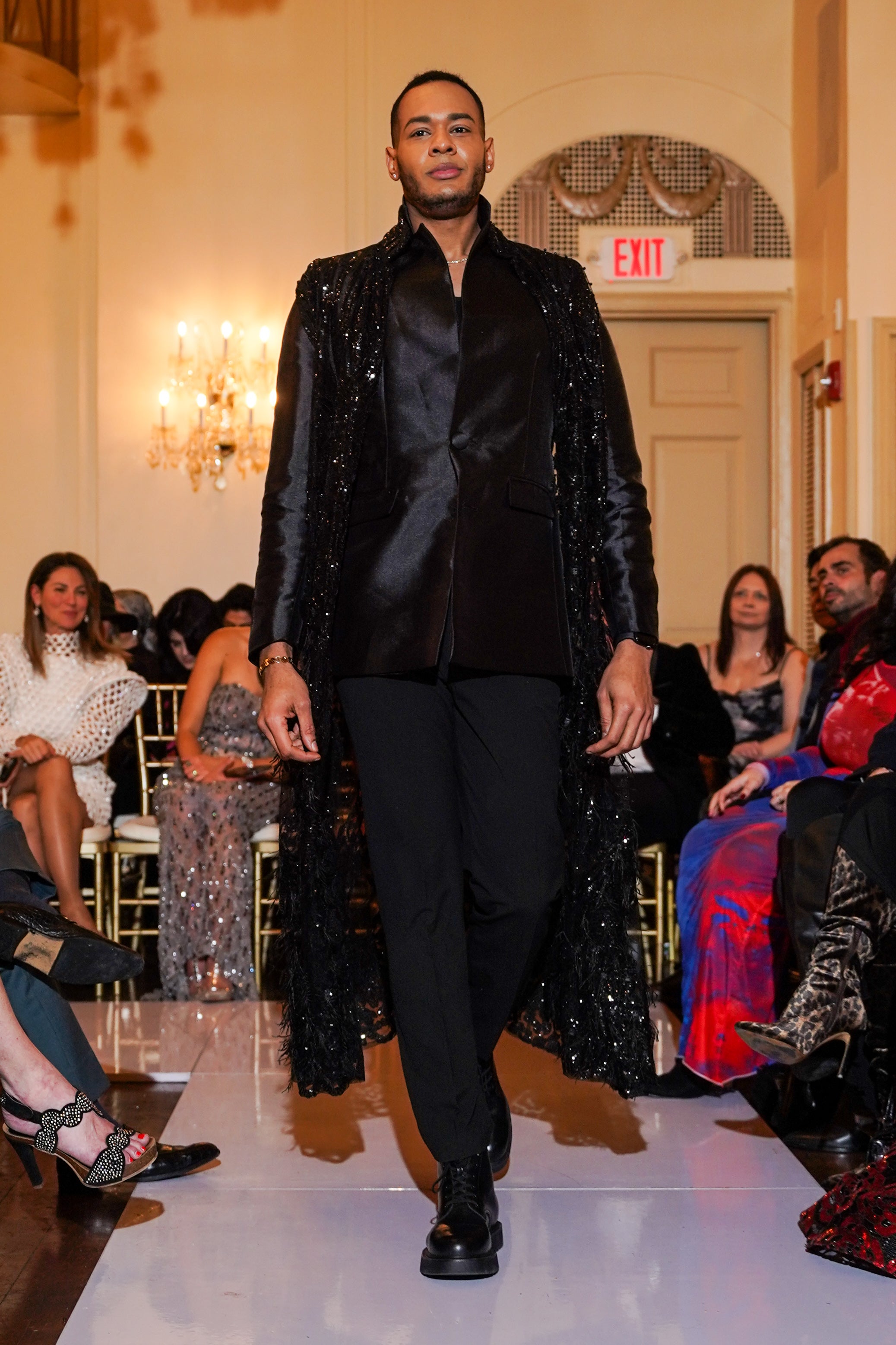 Black Satin Blazer With Sequin Cape Overlay