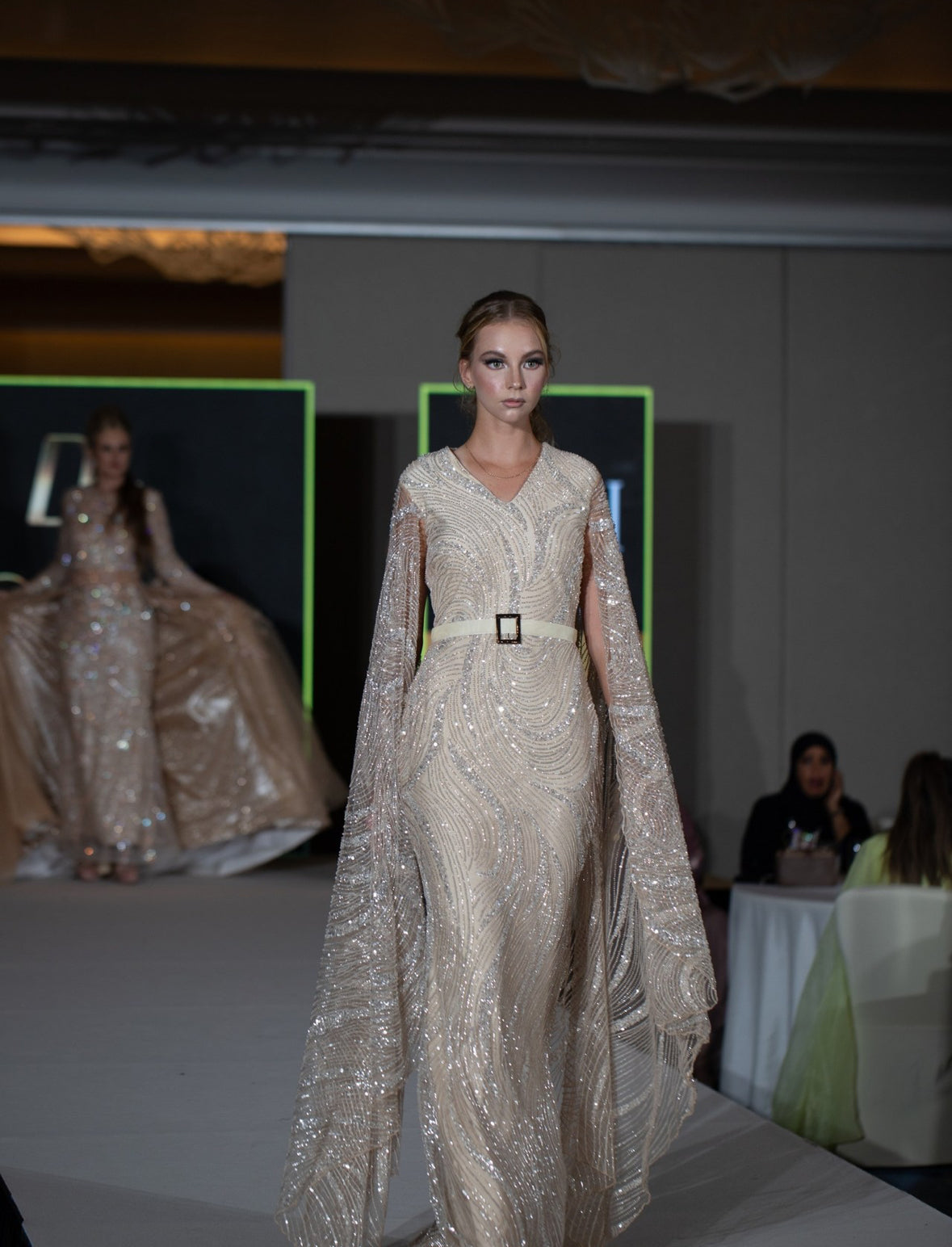 Glitter Maxi Dress With Attached Cape And Belt