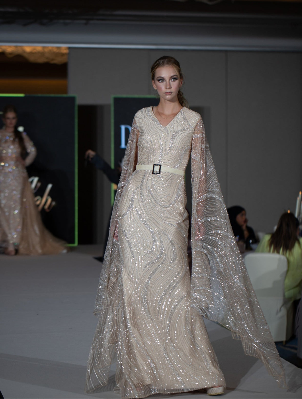 Glitter Maxi Dress With Attached Cape And Belt