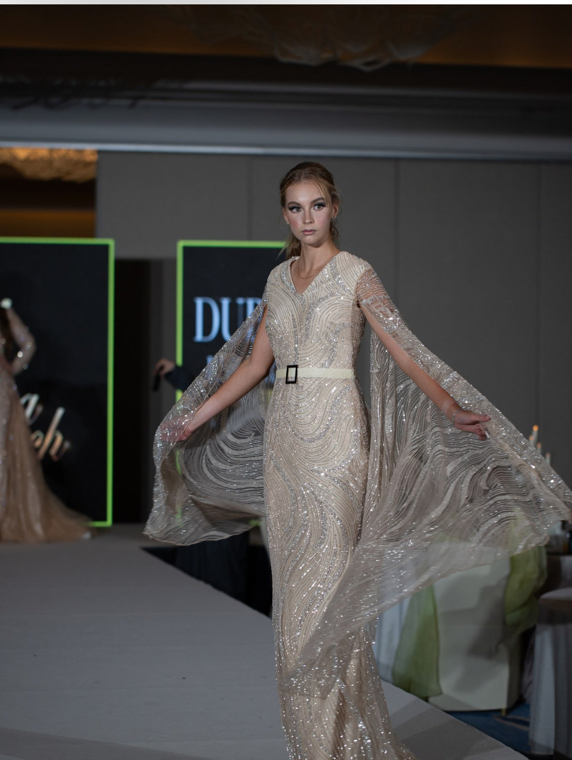 Glitter Maxi Dress With Attached Cape And Belt