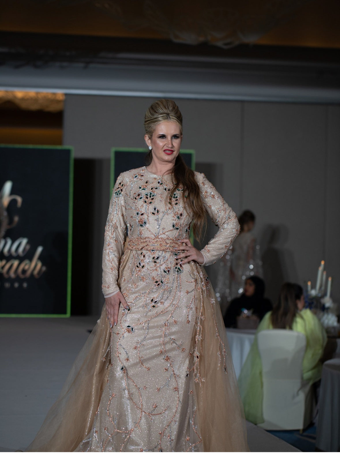 Embroidered Long Sleeve Gold Dress