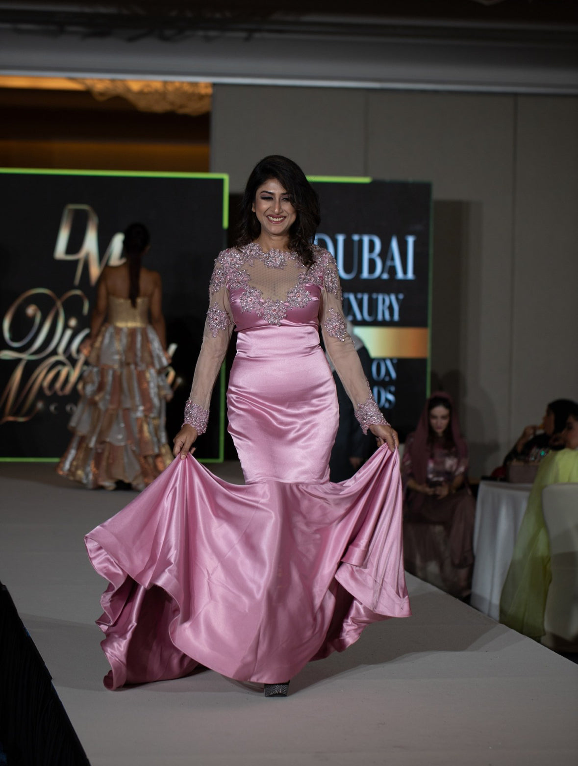 Mesh Sleeve Satin Dress