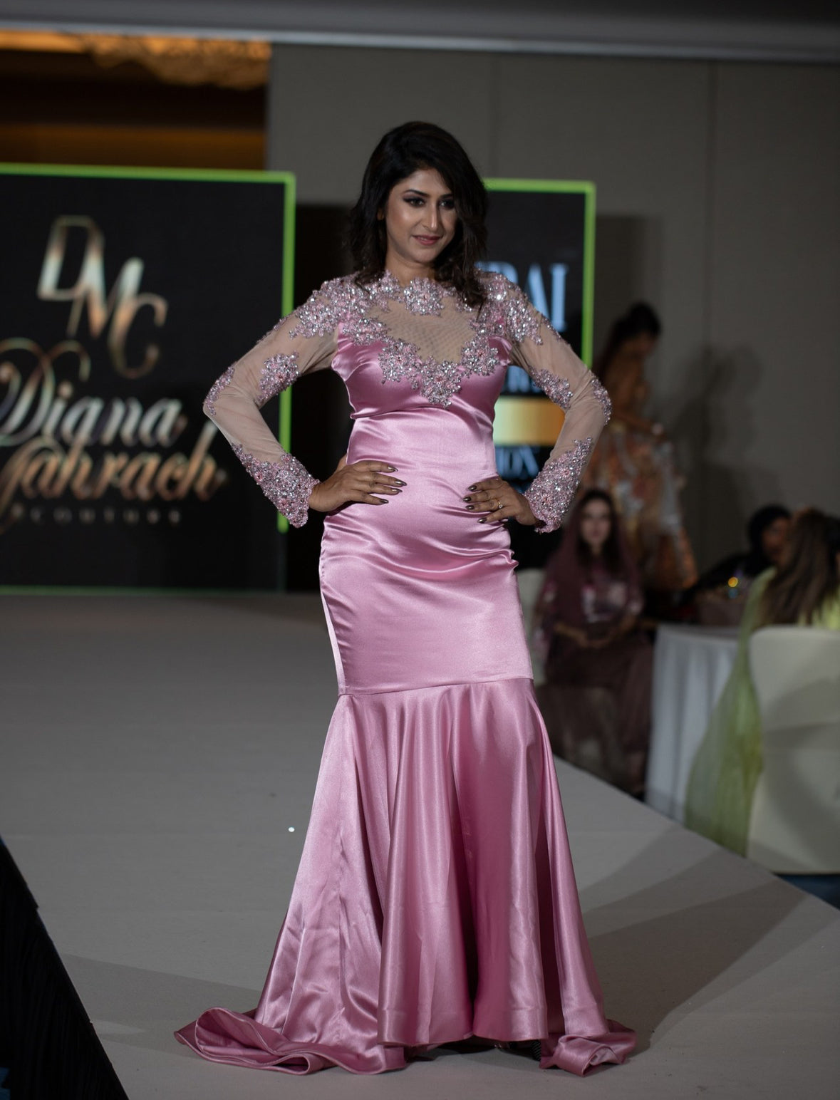 Mesh Sleeve Satin Dress