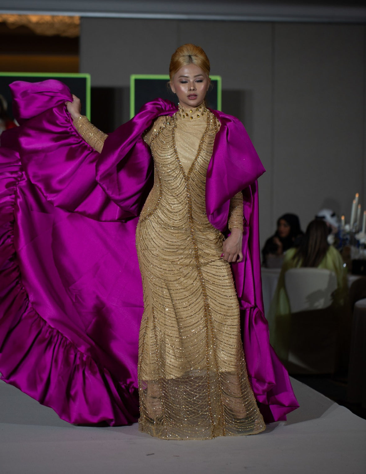 Turtle Neck Gold Rhinestone And Glitter Dress With Cape Diana Mahrach Couture Turtle Neck Gold Rhinestone And Glitter Dress With Cape Diana Mahrach Couture