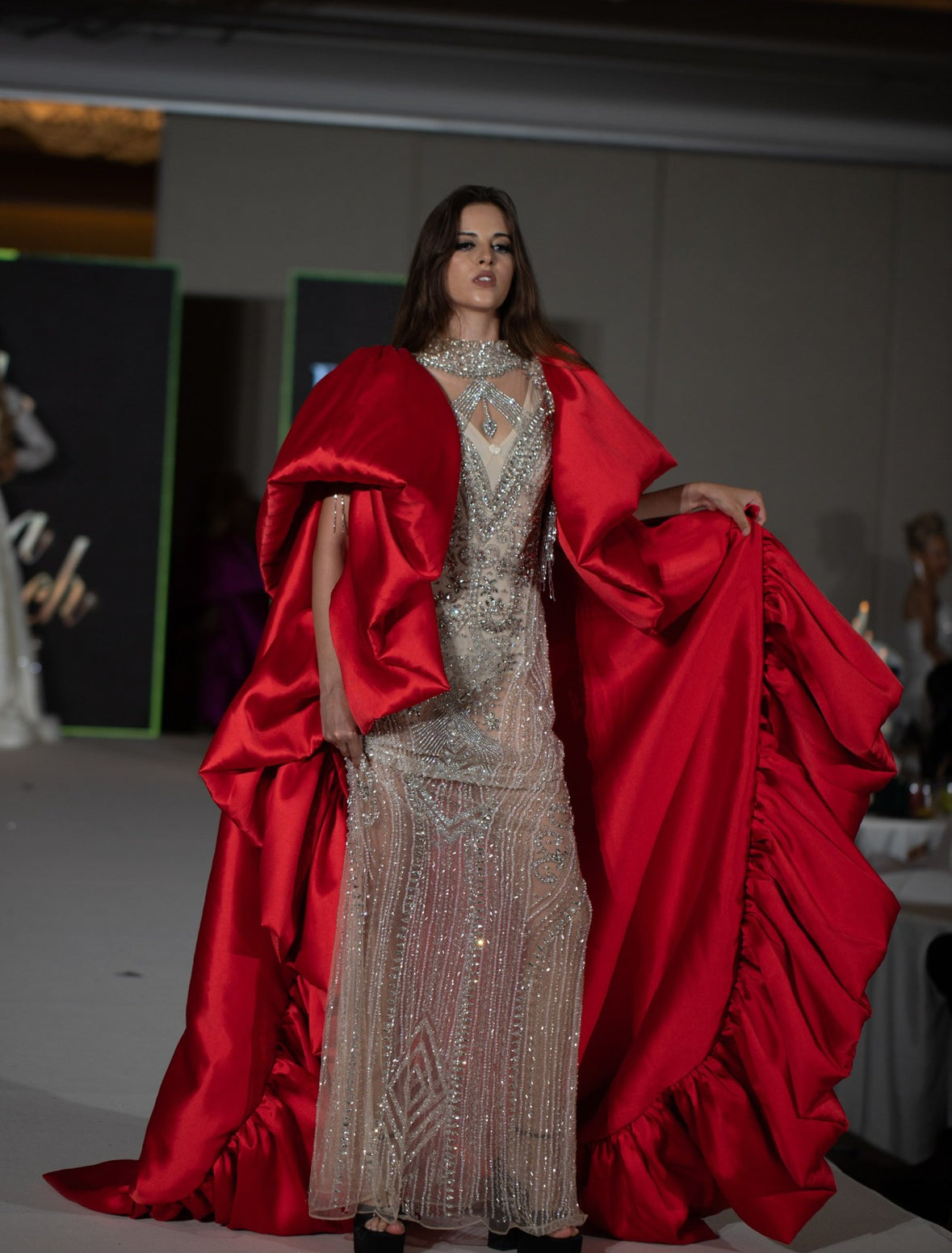 Rhinestone Maxi Dress With Red Cape