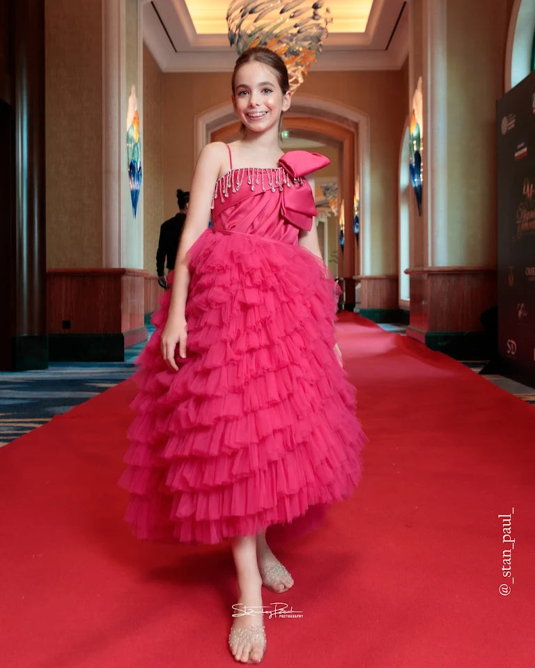 Layered ruffle hot pink dress