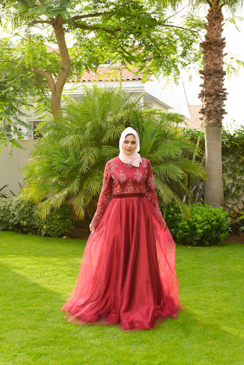 Dark Red Long Sleeve Tulle Skirt Gown