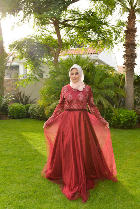 Dark Red Long Sleeve Tulle Skirt Gown