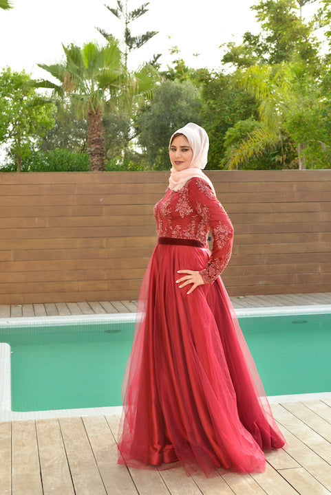 Dark Red Long Sleeve Tulle Skirt Gown