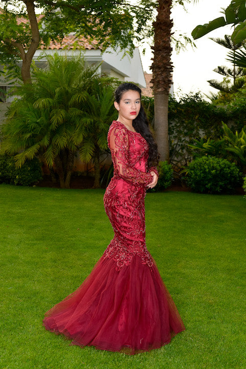 Dark Red Tulle Mermaid Evening Gown