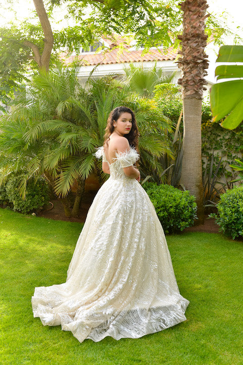 Wedding Gown with Off Shoulder Ostrich Feathers