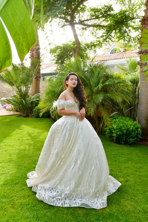 Wedding Gown with Off Shoulder Ostrich Feathers