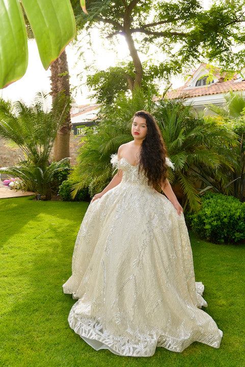 Wedding Gown with Off Shoulder Ostrich Feathers