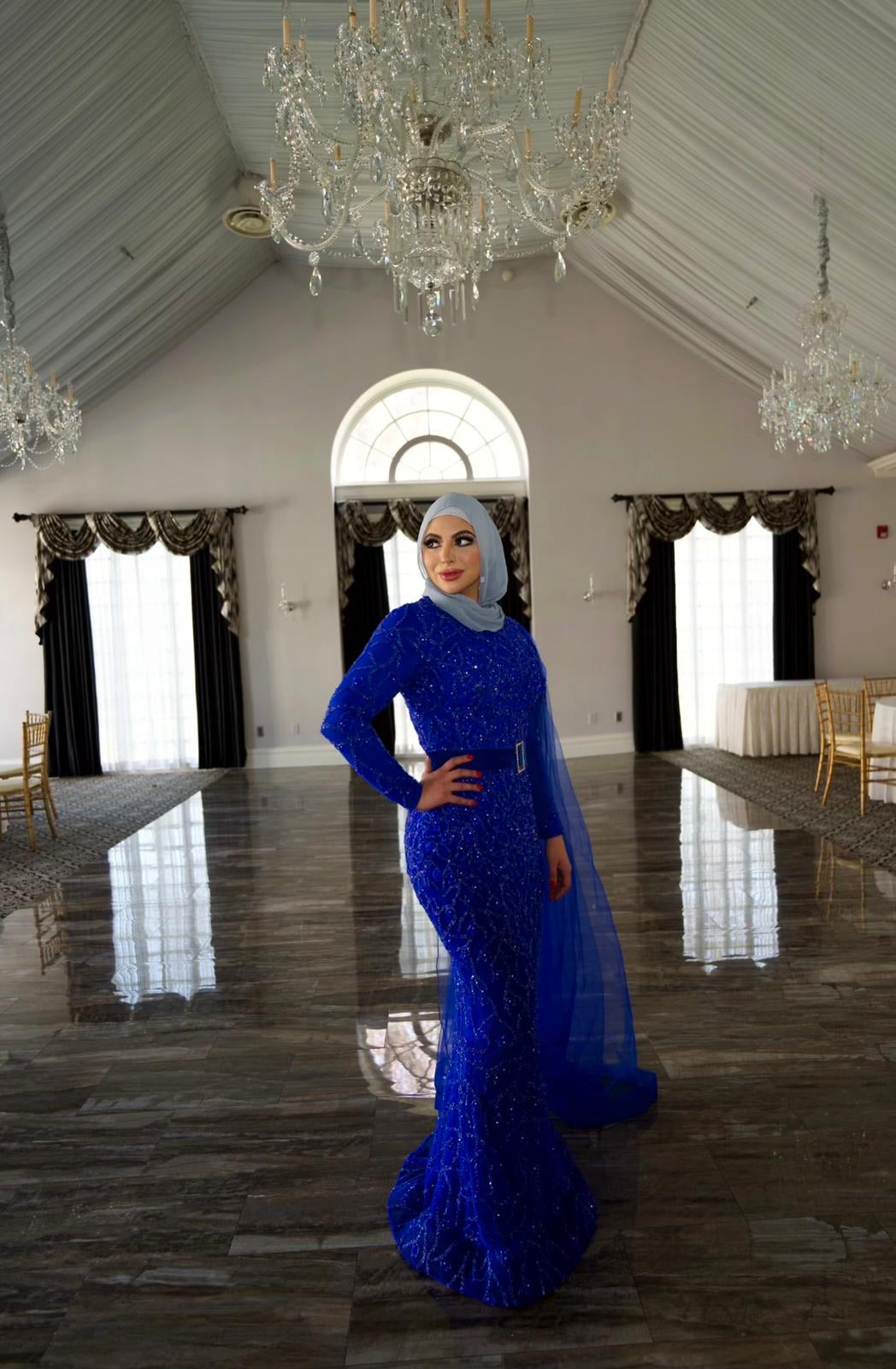 Nina Royal Blue Mermaid Dress With Cape Sleeve