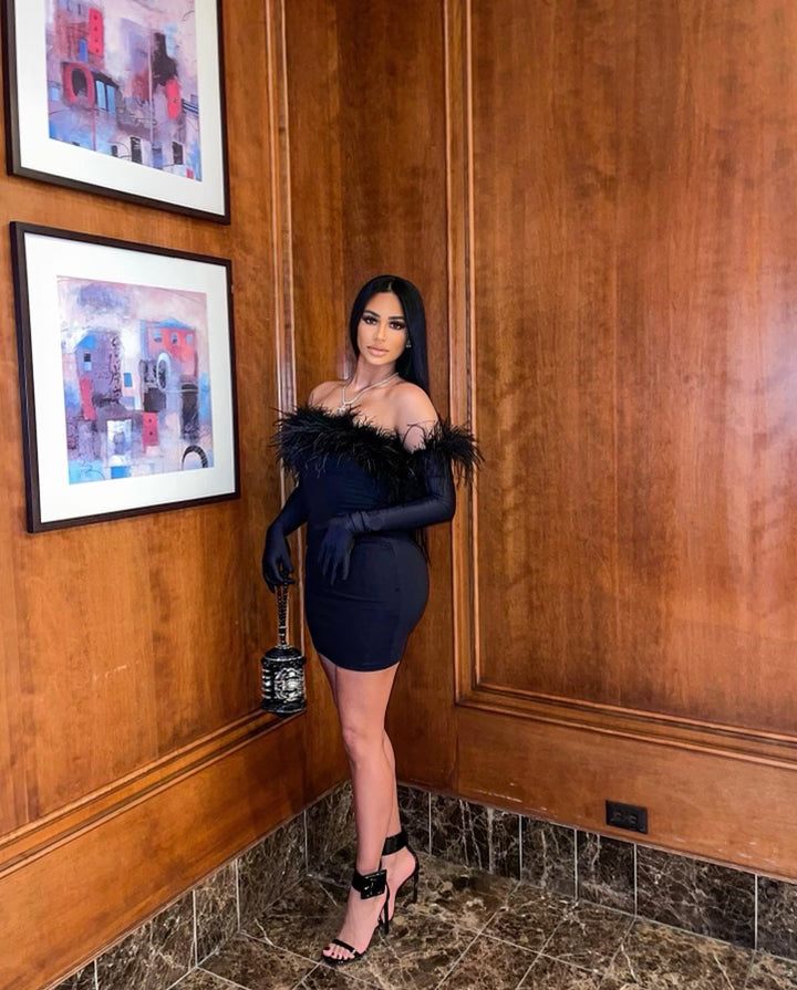 feather dress with gloves