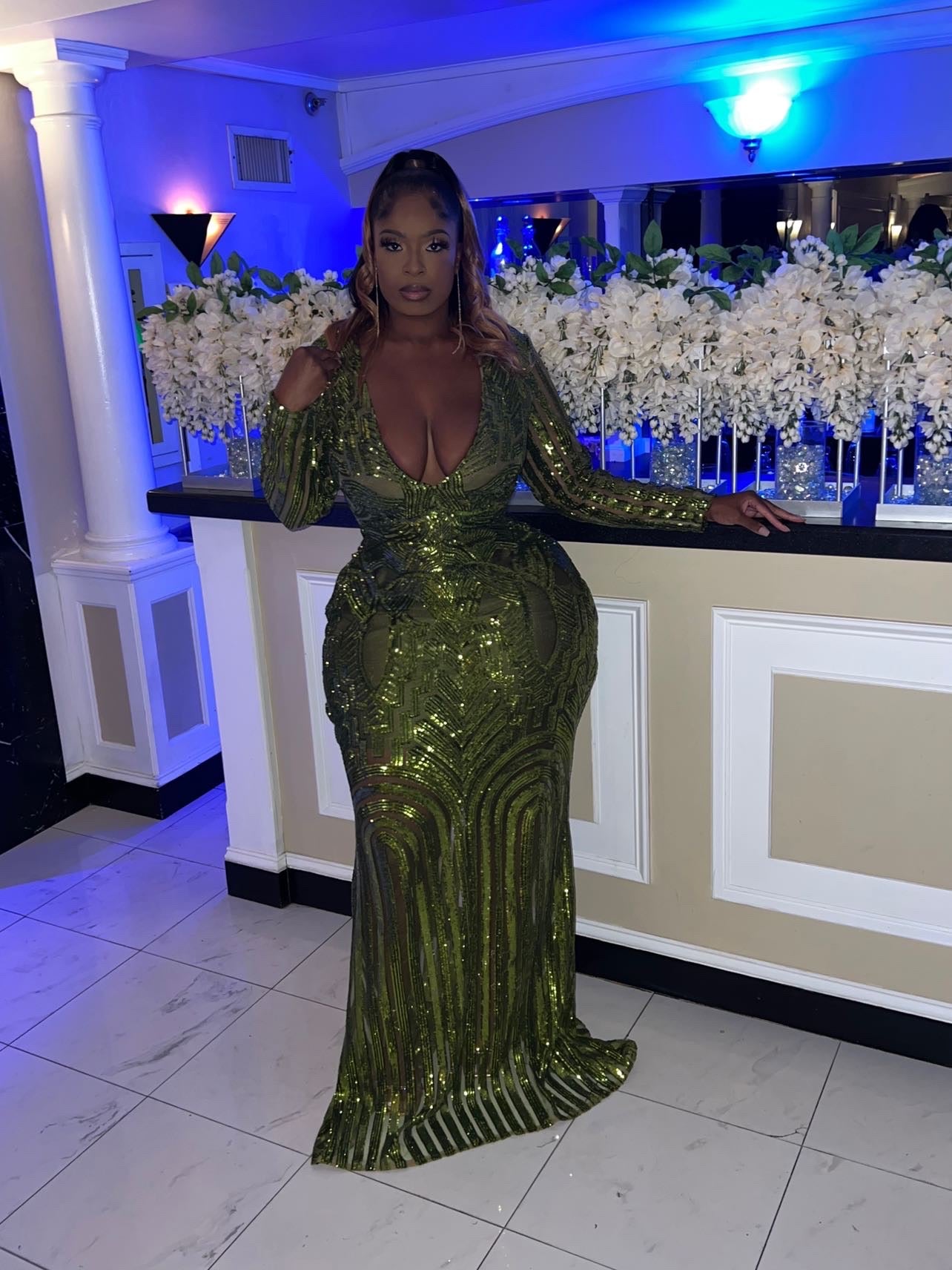 hand sequined dress olive with deep v neck – Diana Mahrach Couture