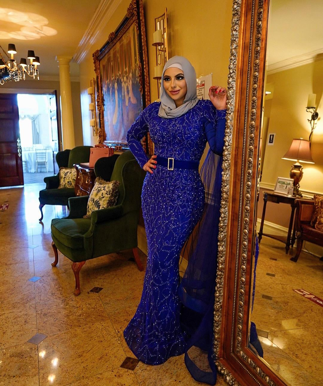 Nina Royal Blue Mermaid Dress With Cape Sleeve