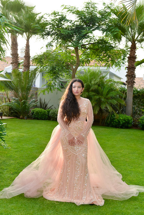 Light Peach Long Sleeve Gown with Tulle Overskirt Diana Mahrach Couture Light Peach Long Sleeve Gown with Tulle Overskirt Diana Mahrach Couture