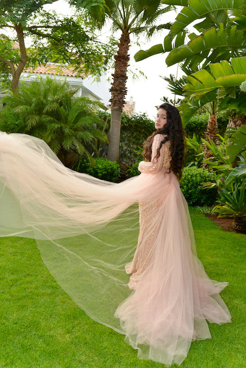 Rent Light Peach Long Sleeve Gown with Tulle Overskirt