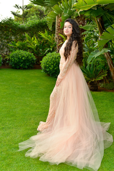 Light Peach Long Sleeve Gown with Tulle Overskirt