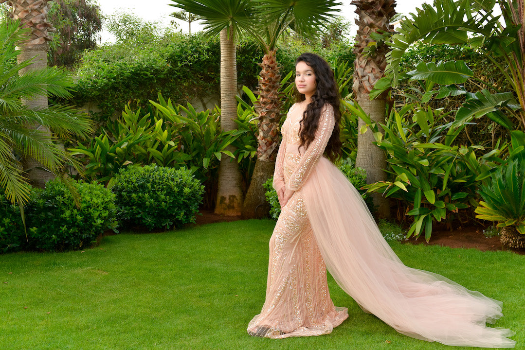 Rent Light Peach Long Sleeve Gown with Tulle Overskirt