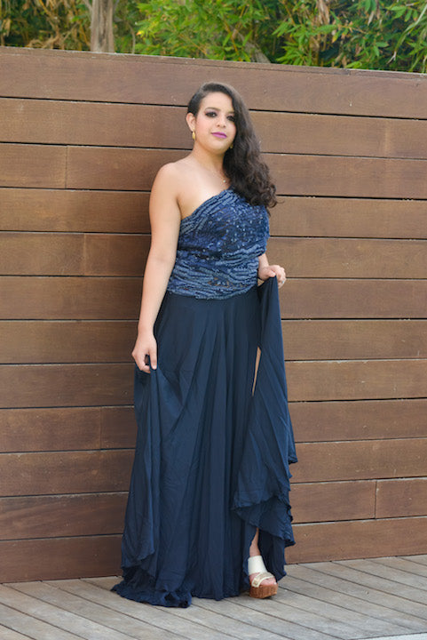 Navy Blue One Shoulder Dress with Side Slit