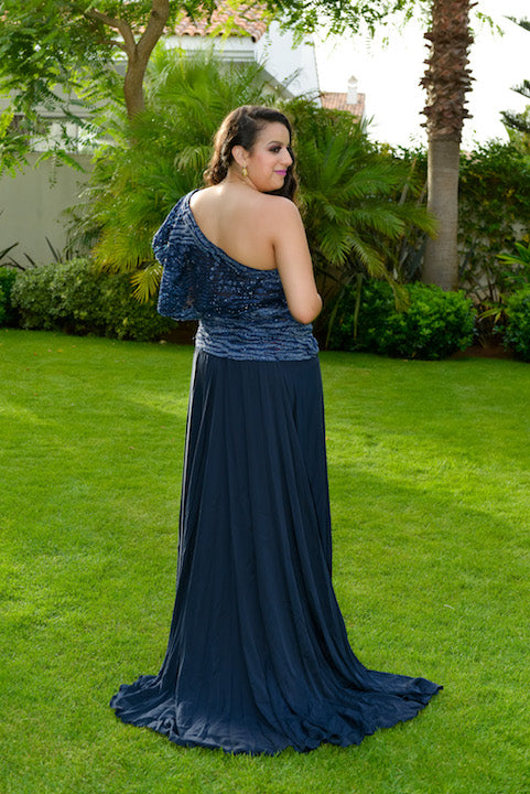 Navy Blue One Shoulder Dress with Side Slit