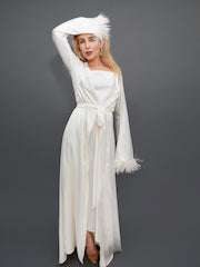 Luxurious Silky White Robe with Feather Cuffs